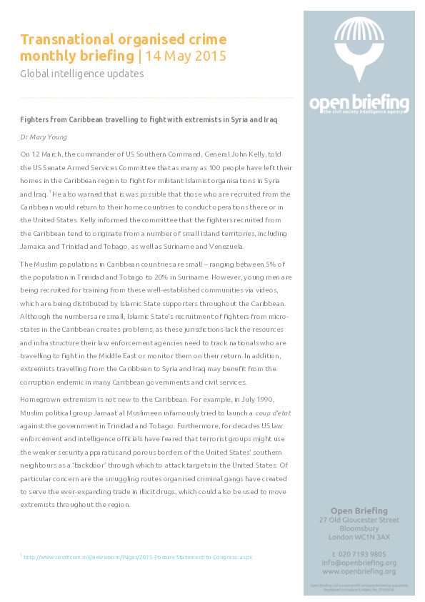 Transnational organised crime monthly briefing, May 2015: Fighters from Caribbean travelling to fight with extremists in Syria and Iraq Thumbnail
