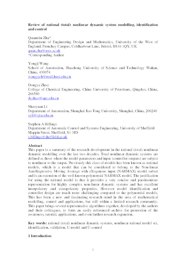 Review of rational (total) nonlinear dynamic system modelling, identification, and control Thumbnail