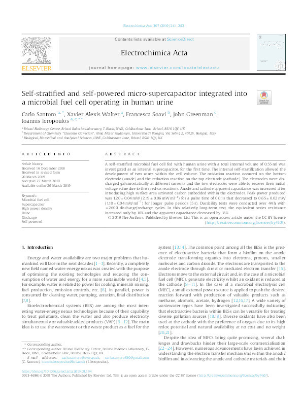 Self-stratified and self-powered micro-supercapacitor integrated into a microbial fuel cell operating in human urine Thumbnail