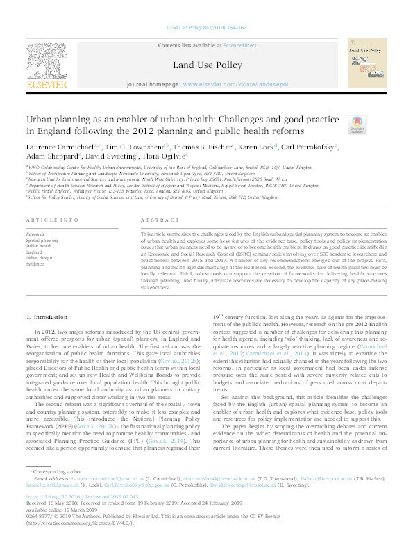 Urban planning as an enabler of urban health: Challenges and good practice in England following the 2012 planning and public health reforms Thumbnail