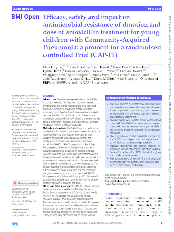 Efficacy, safety and impact on antimicrobial resistance of duration and dose of amoxicillin treatment for young children with Community-Acquired Pneumonia: A protocol for a randomIsed controlled Trial (CAP-IT) Thumbnail