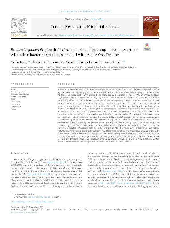 Brenneria goodwinii growth in vitro is improved by competitive interactions with other bacterial species associated with Acute Oak Decline Thumbnail