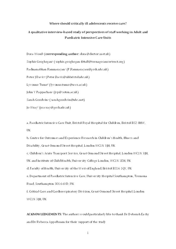 Where Should Critically Ill Adolescents Receive Care? A Qualitative Interview-Based Study of Perspectives of Staff Working in Adult and Pediatric Intensive Care Units Thumbnail