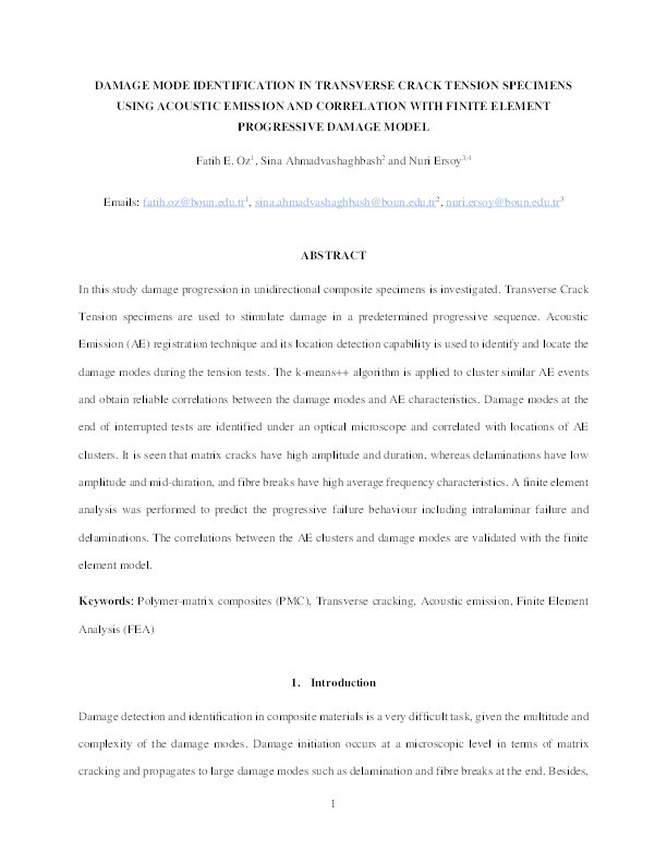 Damage mode identification in transverse crack tension specimens using acoustic emission and correlation with finite element progressive damage model Thumbnail