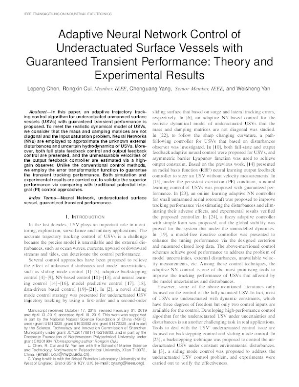 Adaptive neural network control of underactuated surface vessels with guaranteed transient performance: Theory and experimental results Thumbnail