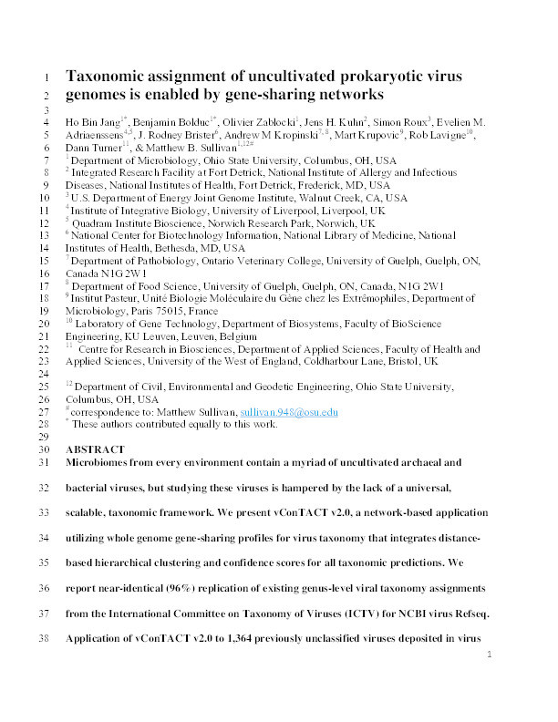 Taxonomic assignment of uncultivated prokaryotic virus genomes is enabled by gene-sharing networks Thumbnail