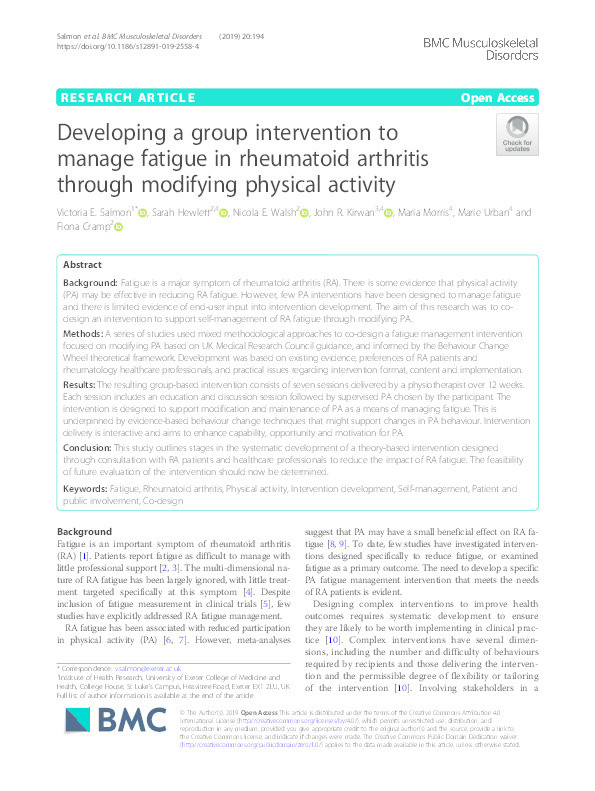 Developing a group intervention to manage fatigue in rheumatoid arthritis through modifying physical activity Thumbnail