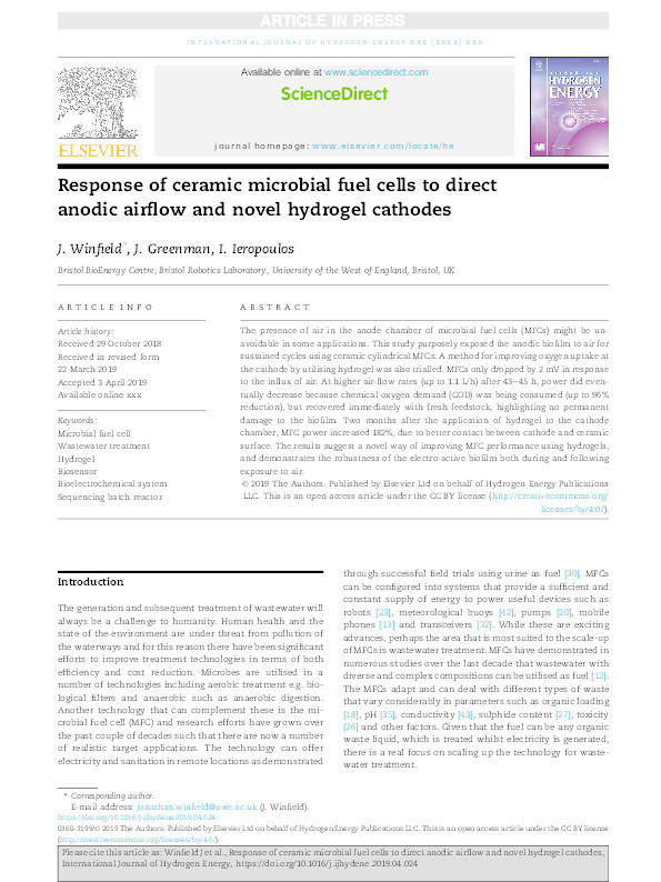 Response of ceramic microbial fuel cells to direct anodic airflow and novel hydrogel cathodes Thumbnail