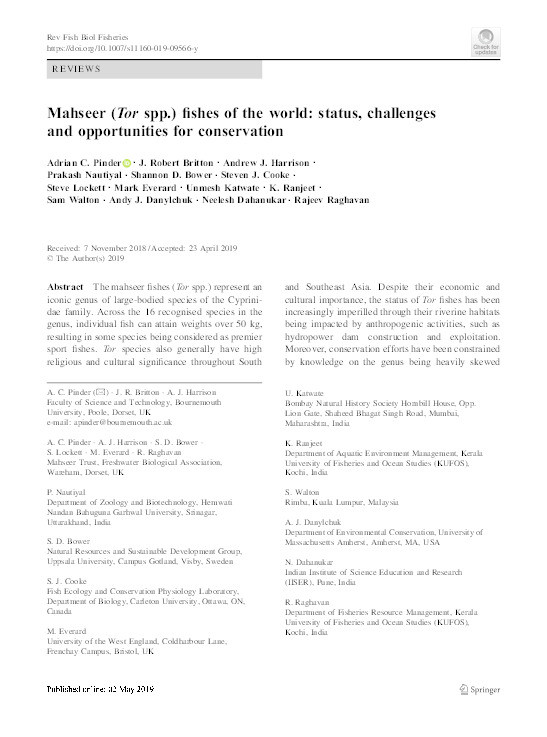 Mahseer (Tor spp.) fishes of the world: Status, challenges and opportunities for conservation Thumbnail