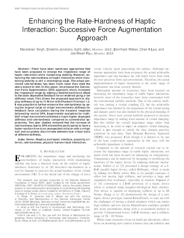 Enhancing the rate-hardness of haptic interaction: Successive force augmentation approach Thumbnail