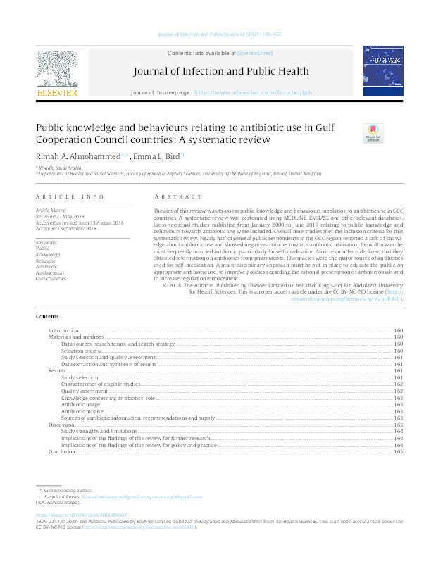 Public knowledge and behaviours relating to antibiotic use in Gulf Cooperation Council countries: A systematic review Thumbnail