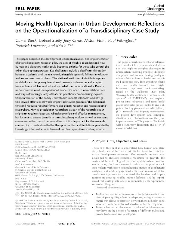 Moving health upstream in urban development: Reflections on the operationalization of a transdisciplinary case study Thumbnail