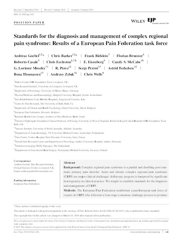 Standards for the diagnosis and management of Complex Regional Pain Syndrome: Results of a European Pain Federation task force Thumbnail