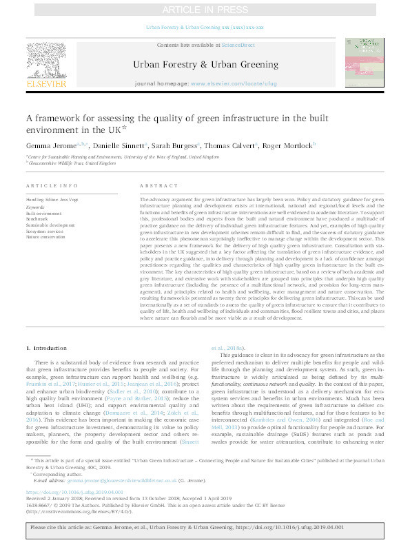 A framework for assessing the quality of green infrastructure in the built environment in the UK Thumbnail