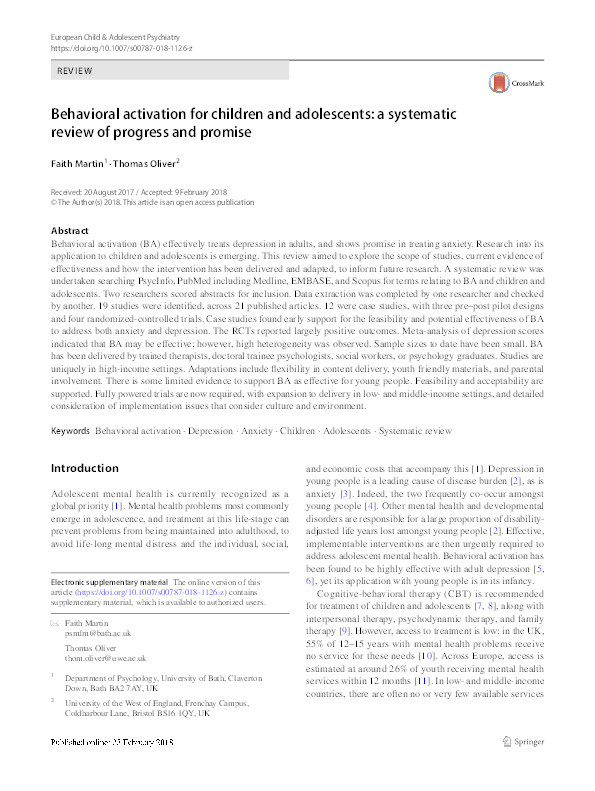 Behavioral activation for children and adolescents: a systematic review of progress and promise Thumbnail