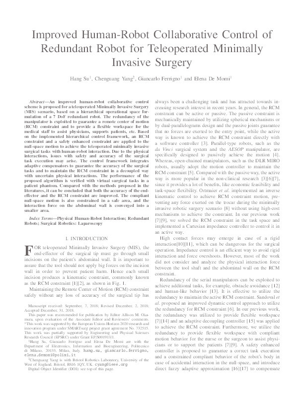 Improved human-robot collaborative control of redundant robot for teleoperated minimally invasive surgery Thumbnail
