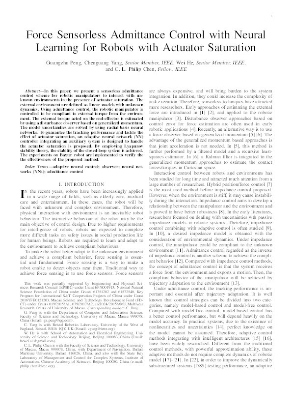 Force Sensorless Admittance Control with Neural Learning for Robots with Actuator Saturation Thumbnail