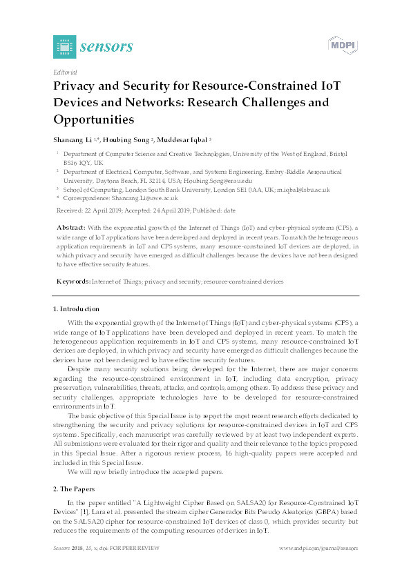 Privacy and security for resource-constrained IOT devices and networks: Research challenges and opportunities Thumbnail