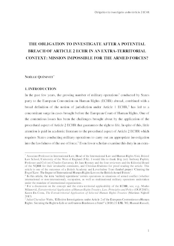 The obligation to investigate after a potential breach of article 2 ECHR in an extra-territorial context: Mission impossible for the armed forces? Thumbnail