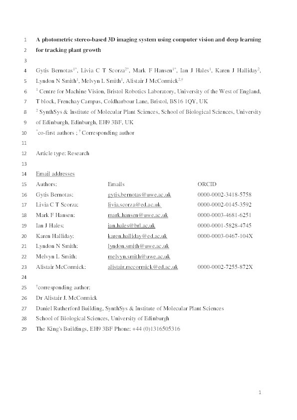 A photometric stereo-based 3D imaging system using computer vision and deep learning for tracking plant growth Thumbnail