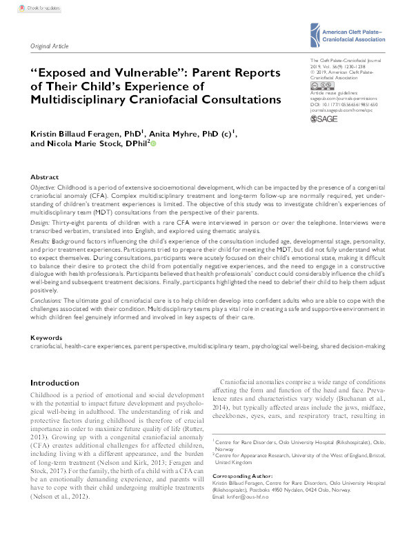"Exposed and vulnerable": Parent reports of their child's experience of multidisiplinary craniofacial consultations Thumbnail