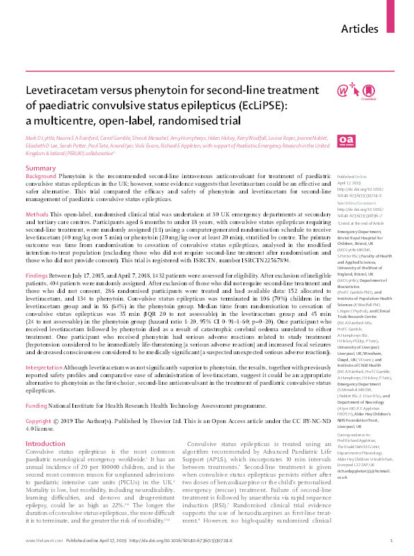 Levetiracetam versus phenytoin for second-line treatment of paediatric convulsive status epilepticus (EcLiPSE): a multicentre, open-label, randomised trial Thumbnail