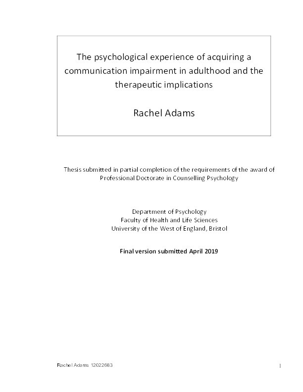 The psychological experience of acquiring a communication impairment in adulthood and the therapeutic implications Thumbnail