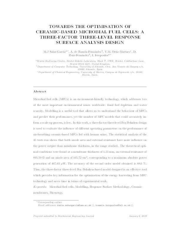 Towards the optimisation of ceramic-based microbial fuel cells: A three-factor three-level response surface analysis design Thumbnail