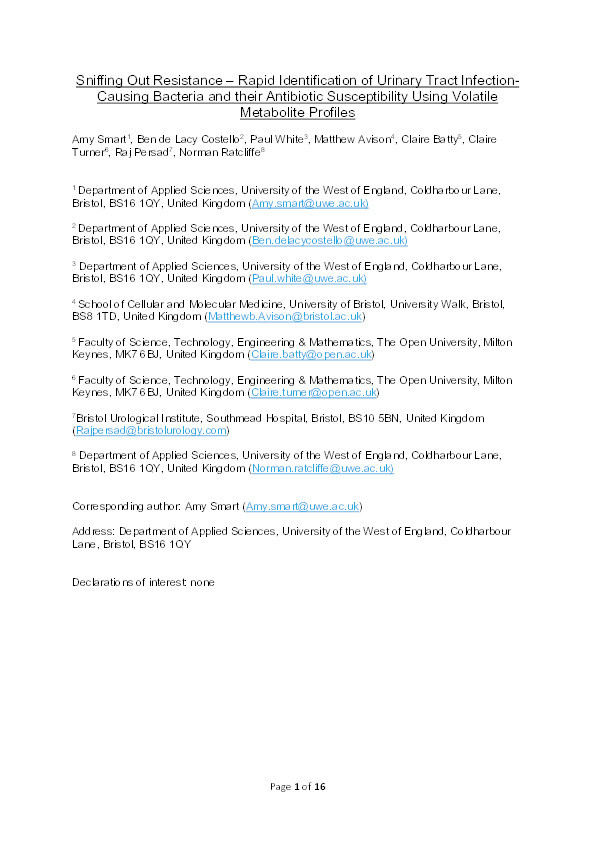 Sniffing out resistance – Rapid identification of urinary tract infection-causing bacteria and their antibiotic susceptibility using volatile metabolite profiles Thumbnail