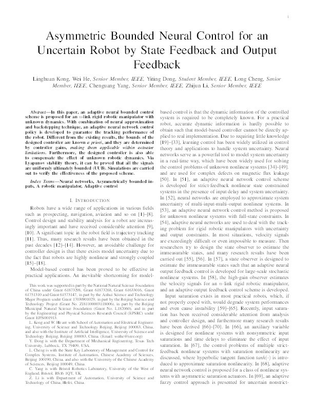 Asymmetric bounded neural control for an uncertain robot by state feedback and output feedback Thumbnail