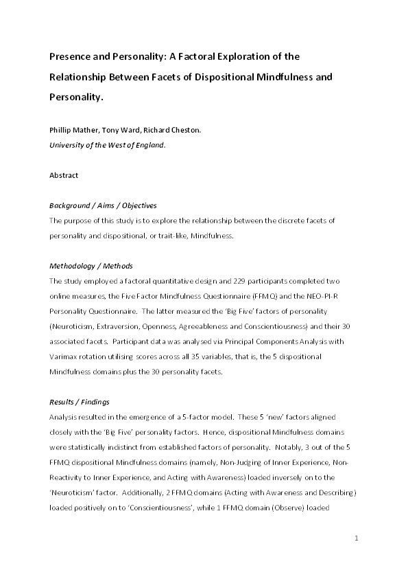Presence and personality: A factoral exploration of the relationship between facets of dispositional mindfulness and personality Thumbnail