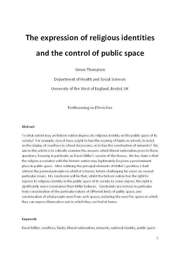 The expression of religious identities and the control of public space Thumbnail