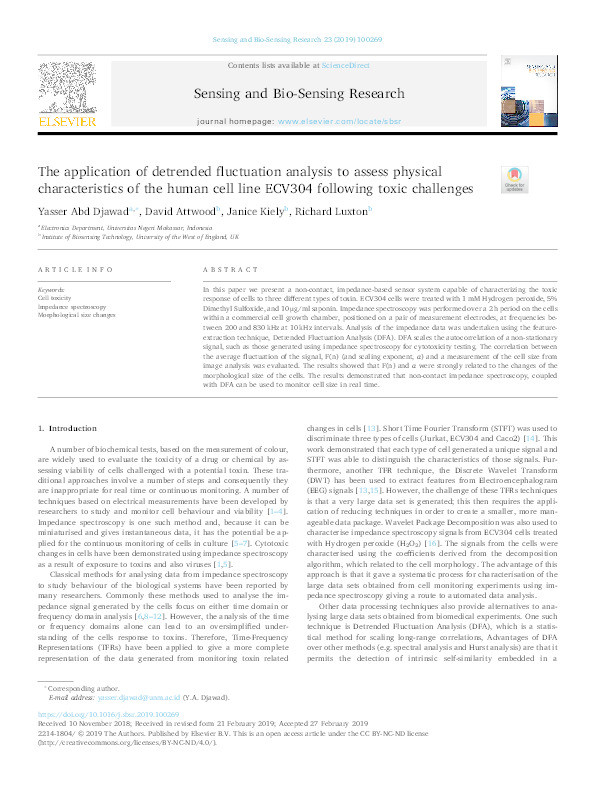 The application of detrended fluctuation analysis to assess physical characteristics of the human cell line ECV304 following toxic challenges Thumbnail