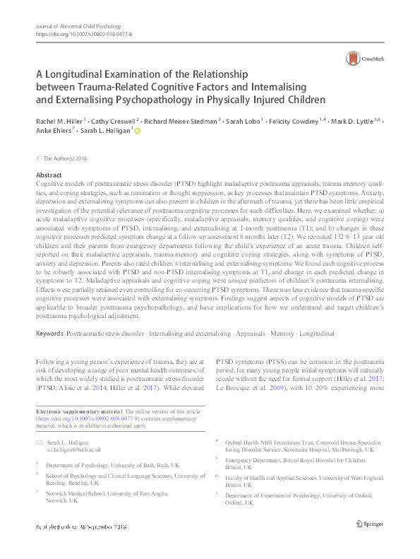 A Longitudinal Examination of the Relationship between Trauma-Related Cognitive Factors and Internalising and Externalising Psychopathology in Physically Injured Children Thumbnail
