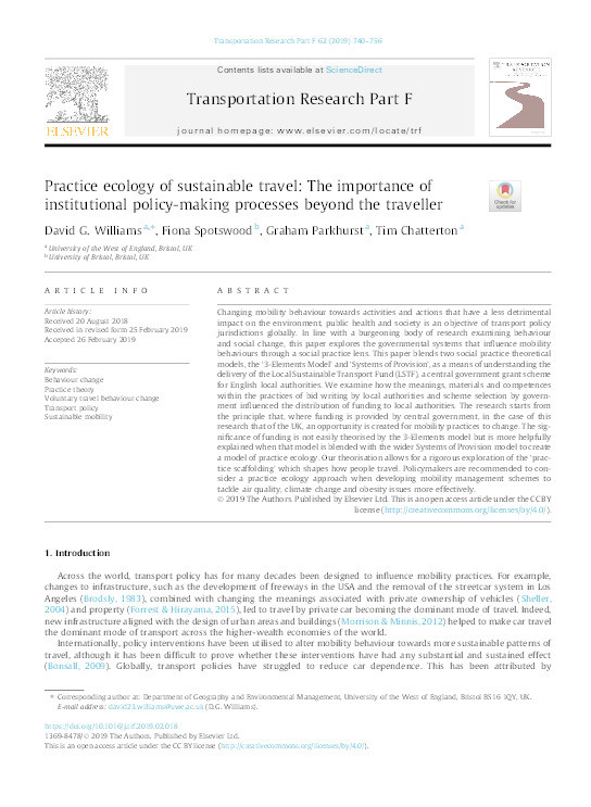 Practice ecology of sustainable travel: The importance of institutional policy-making processes beyond the traveller Thumbnail