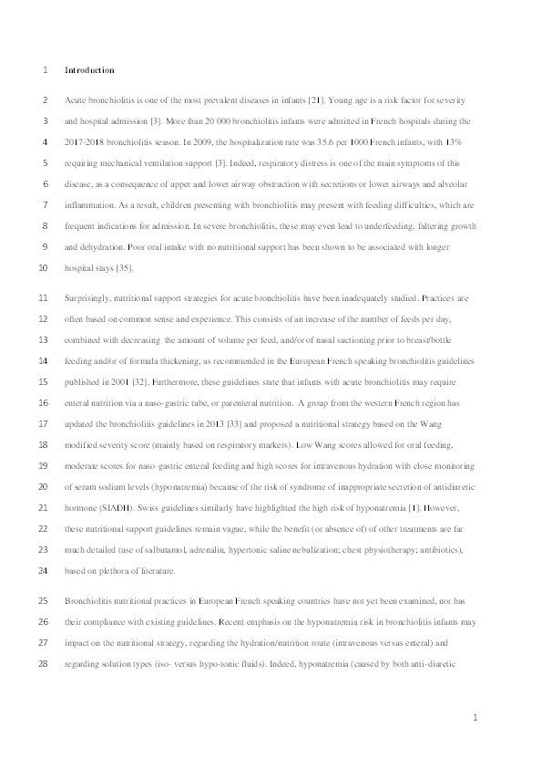 Nutritional management of young infants presenting with acute bronchiolitis in Belgium, France and Switzerland: Survey of current practices and documentary search of national guidelines worldwide Thumbnail