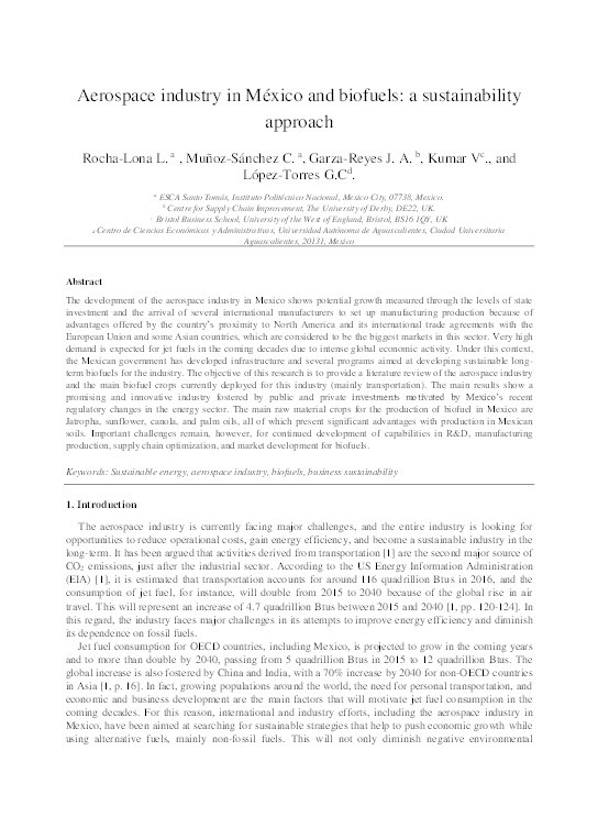 Aerospace industry in México and biofuels: A sustainability approach Thumbnail