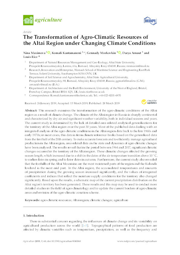 The transformation of agro-climatic resources of the Altai region under changing climate conditions Thumbnail