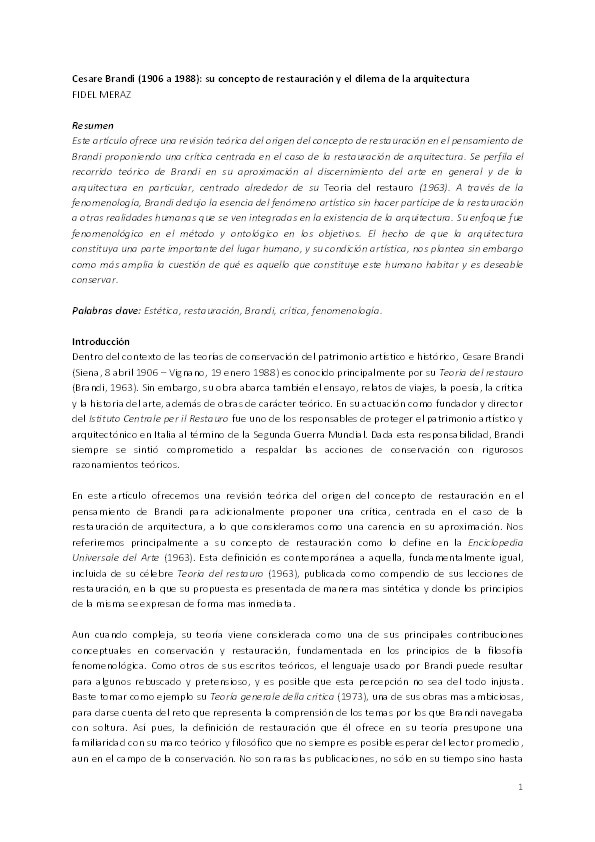 Cesare Brandi (1906 a 1988): Su concepto de restauración y el dilema de la arquitectura Thumbnail