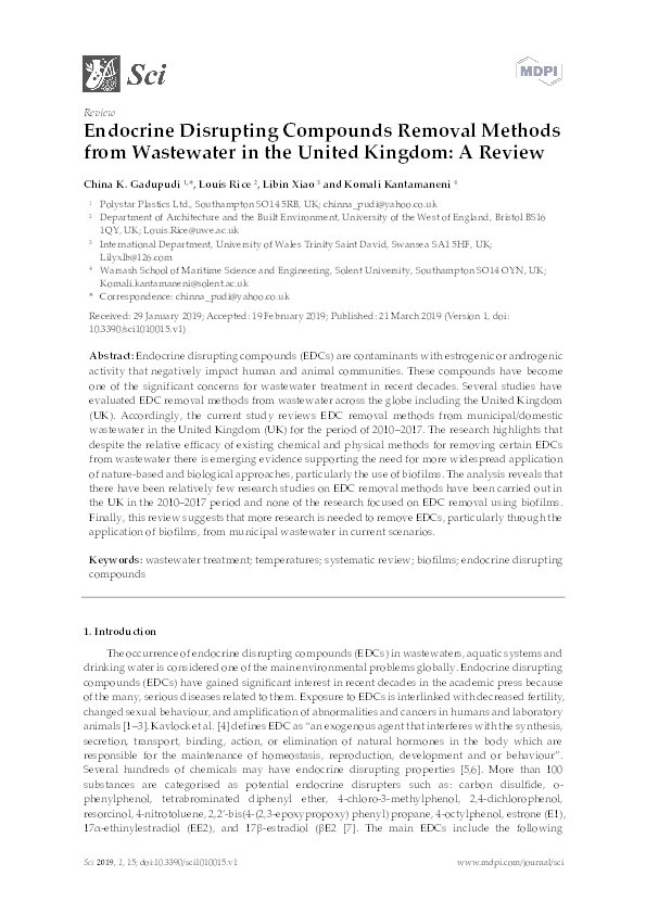 Endocrine disrupting compounds removal methods from wastewater in the United Kingdom: A review Thumbnail