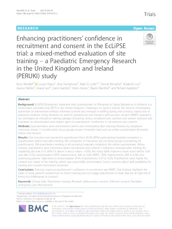Enhancing practitioners’ confidence in recruitment and consent in the EcLiPSE trial: A mixed-method evaluation of site training – a Paediatric Emergency Research in the United Kingdom and Ireland (PERUKI) study Thumbnail