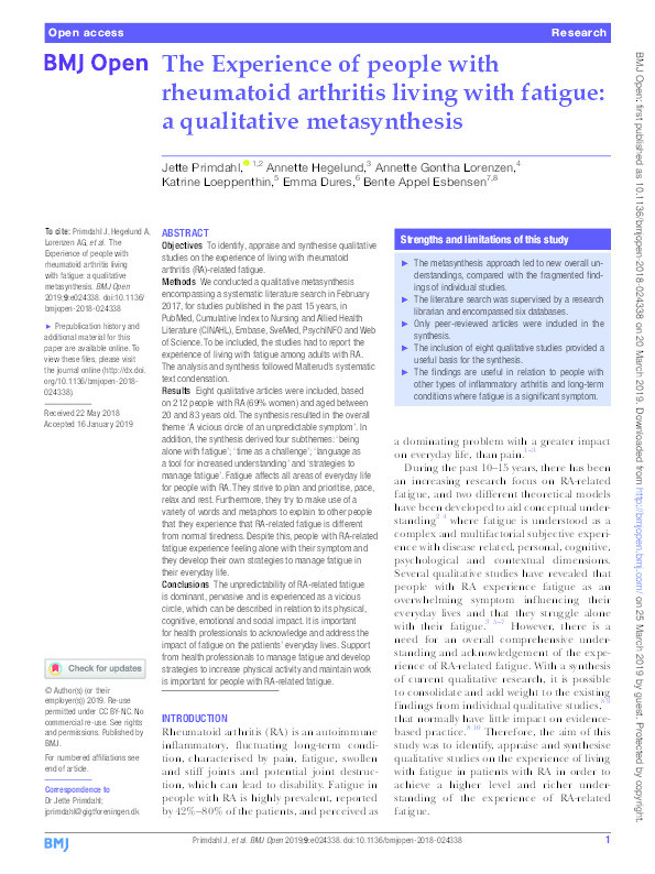 The experience of people with rheumatoid arthritis living with fatigue: A qualitative metasynthesis Thumbnail