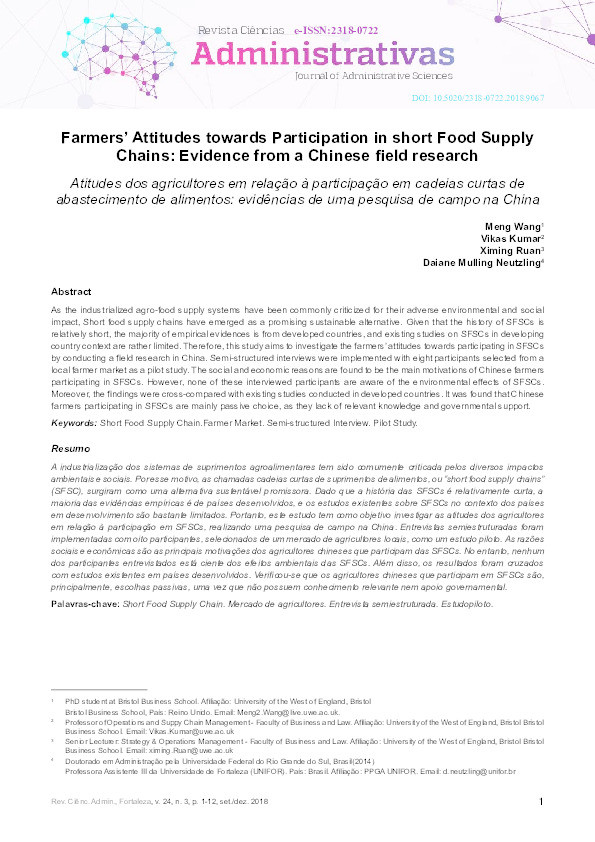 Farmers’ attitudes towards participation in short food supply chains: Evidence from a Chinese field research Thumbnail