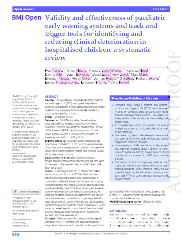 Validity and effectiveness of paediatric early warning systems and track and trigger tools for identifying and reducing clinical deterioration in hospitalised children: A systematic review Thumbnail