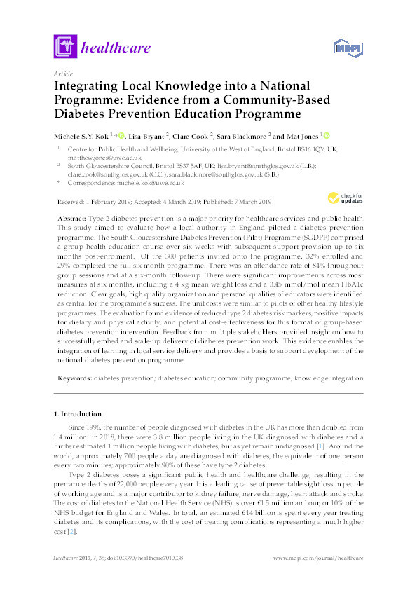 Integrating local knowledge into a national programme: Evidence from a community-based diabetes prevention education programme Thumbnail