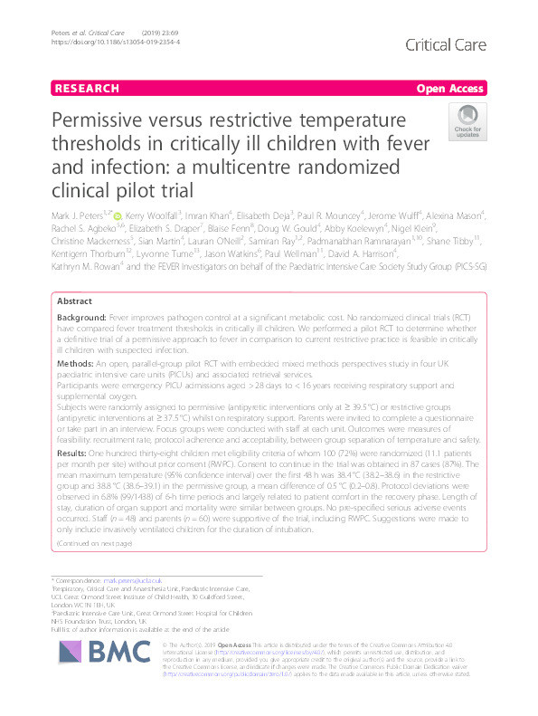 Permissive versus restrictive temperature thresholds in critically ill children with fever and infection: A multicentre randomized clinical pilot trial Thumbnail