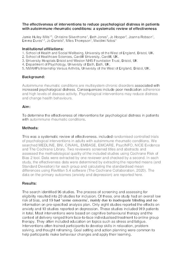 P289 The effectiveness of interventions to reduce psychological distress in patients with autoimmune rheumatic conditions: A systematic review of effectiveness Thumbnail