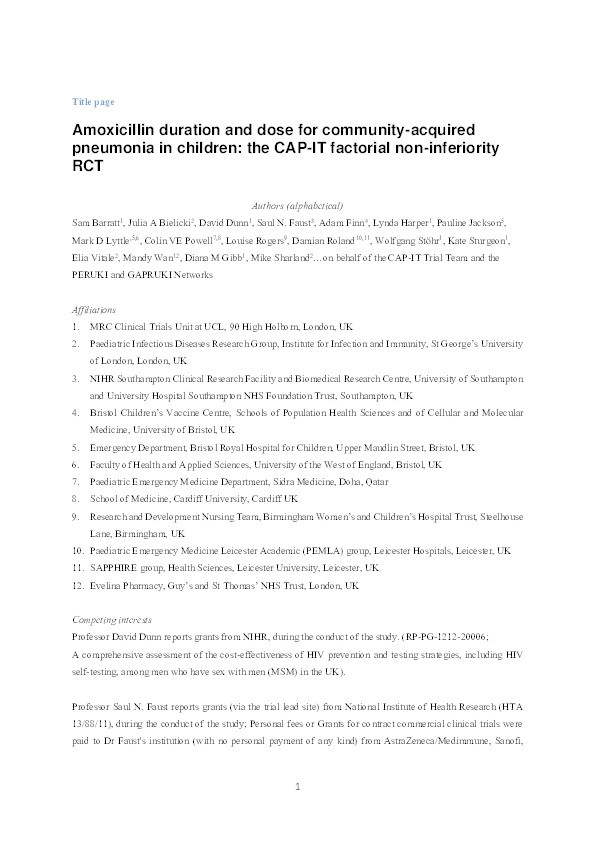 Amoxicillin duration and dose for community-acquired pneumonia in children: the CAP-IT factorial non-inferiority RCT Thumbnail