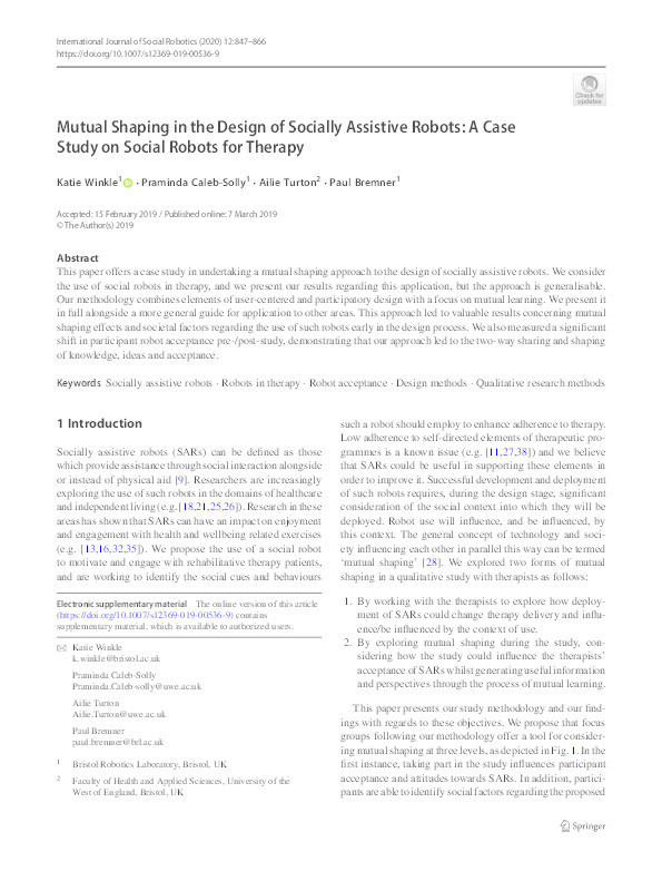 Mutual shaping in the design of socially assistive robots: A case study on social robots for therapy Thumbnail