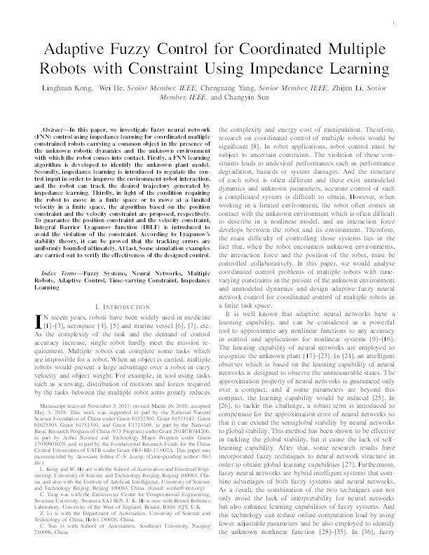 Adaptive fuzzy control for coordinated multiple robots with constraint using impedance learning Thumbnail